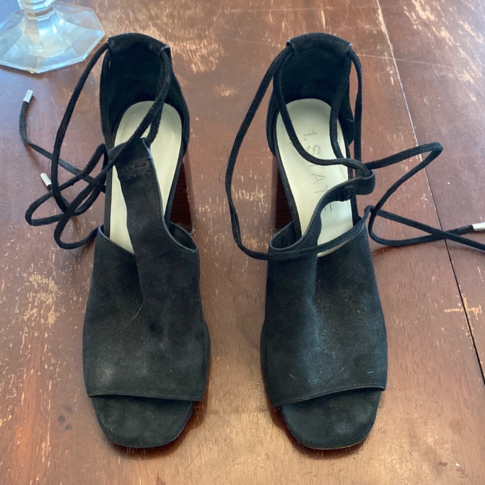 Black suede open toe heels